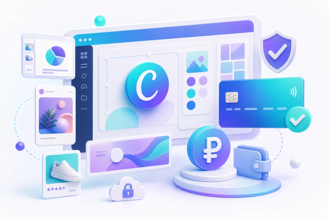 Иллюстрация безопасной оплаты Canva Pro через RusPay